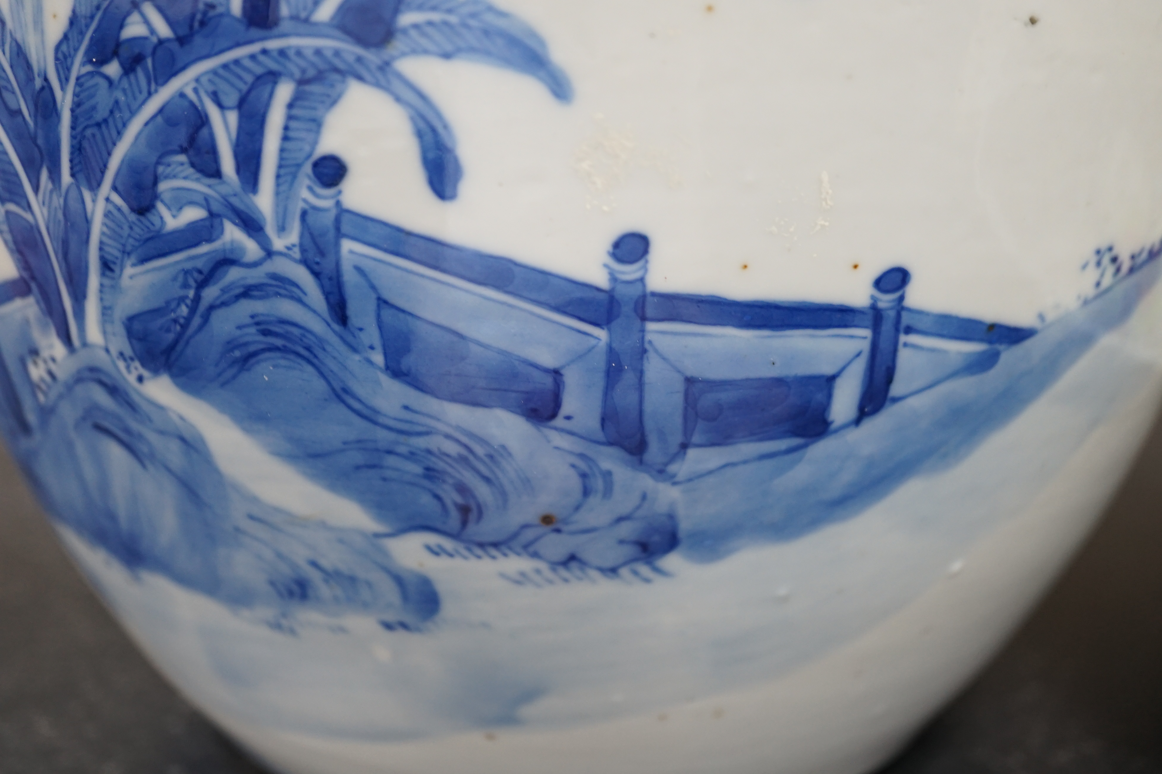 A large Chinese blue and white ‘Romance of the Western chamber’ ovoid jar and cover, Kangxi mark, but late 19th century